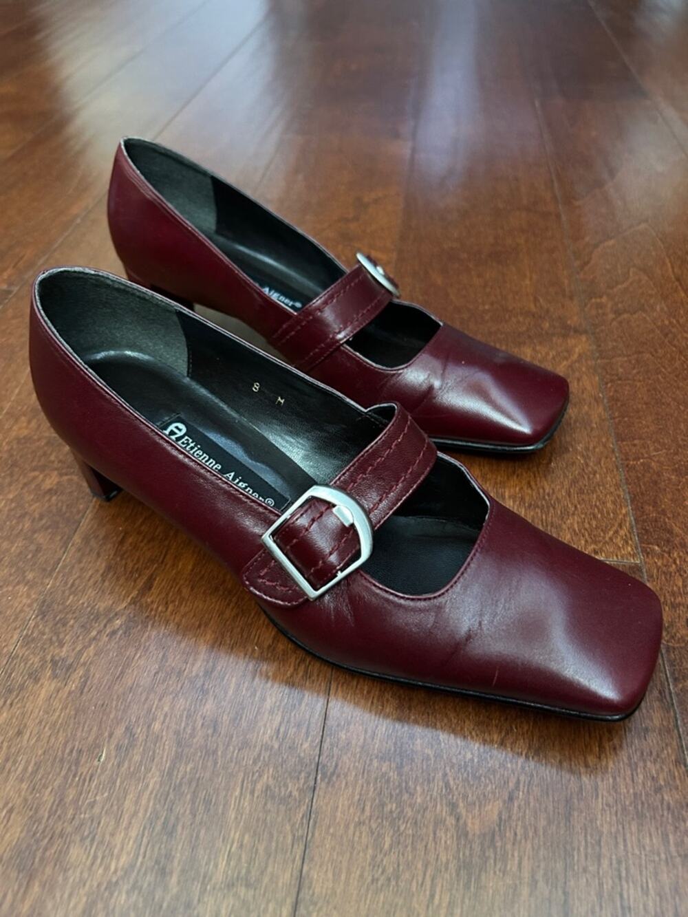 Vintage Etienne Aigner Women's Oxblood Leather Mary Jane Buckle Heels, Size 8